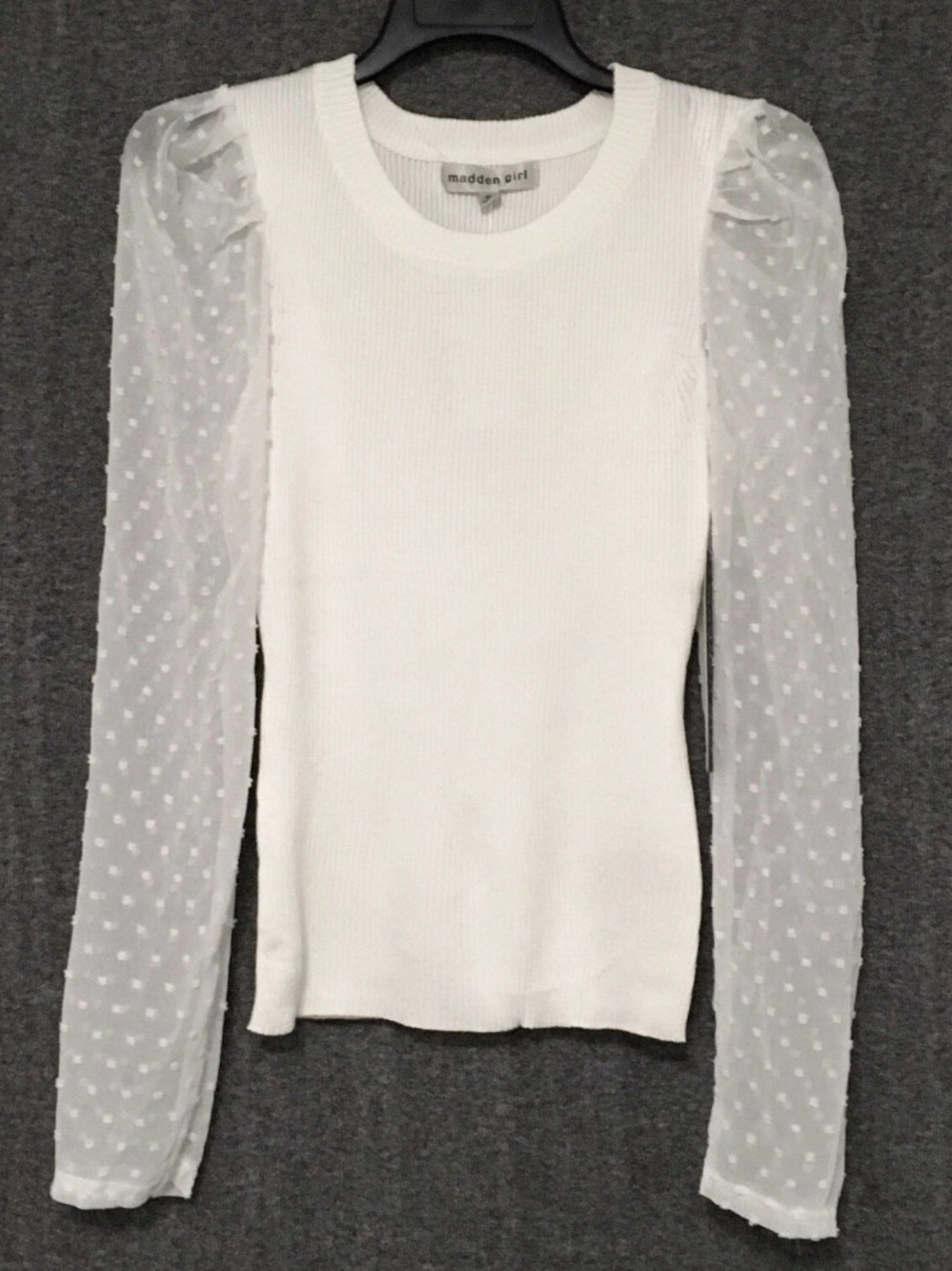 Madden Girl Juniors M White Fine Gauge Ribbed Body Clip Dot Sleeves Sweater